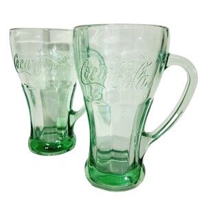 Libbey Coca Cola Mug Drinking Glass Handle Green Glass Vtg Embossed Design Retro